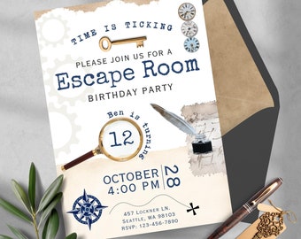 Escape Room Birthday Invitation Boy, Printable Mystery Birthday Boy, Party Editable Invite, preteen, Teen escape room party, Break Out, blue