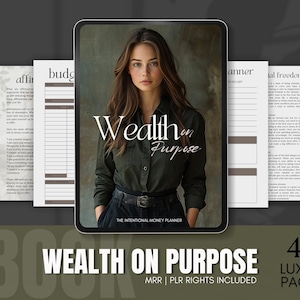 以下が含まれることがあります： 「Wealth on Purpose」と「The Intentional Money Planner」というテキストが書かれた、濃い緑色のシャツを着た女性が写っているデジタル製品の表紙。表紙には、「予算」、「経済的自由」、「計画」などのタイトルがついたページのコレクションも含まれています。