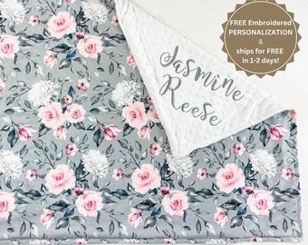 Floral blanket for Girl, Grey and Pink Minky blanket for baby, Personalized Baby Blanket with Name, Baby Shower Gift Girl, Custom Blanket,35