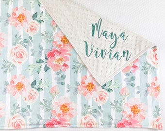 Personalized Baby Blanket for Girl, New Baby Gift Girl, Floral Minky Blanket with Name, Baby Shower Gift Girl, Baby girl essentials, 62