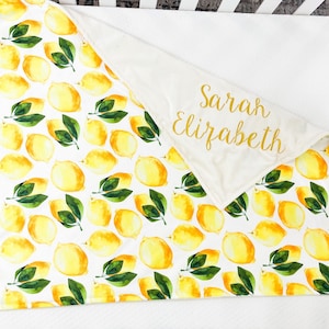 Minky Blanket for Girl, Personalized Blanket for New Baby Gift Girl, Baby Blanket with Name, Baby Shower Gift Girl, Blanket With Lemons, 68