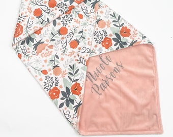 Personalized Baby Blanket, Floral Blanket for Girl, Floral Minky Blanket with Name, Baby Gift Girl Newborn, Embroidered blanket for baby, 30