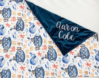 Baby Boy Gift - Minky Blanket for Baby Boy, Personalized baby Blanket, Nautical Blanket, Marine Design, Embroidered Blanket with Name, 89