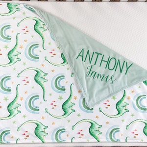 Personalized Baby Blanket for Boy, Blanket with Dinosaurs, Minky Blanket with Name, Baby Boy Nursery, Embroidered blanket with name, 96