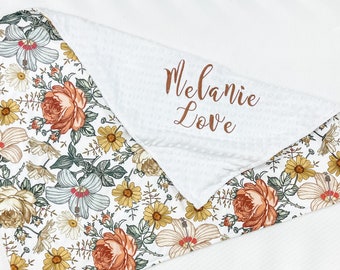 Personalized Baby Blanket with Name for Girl, Personalized New Baby Gift Girl, Floral Minky Blanket with Name, Baby Gift Girl Newborn, 54