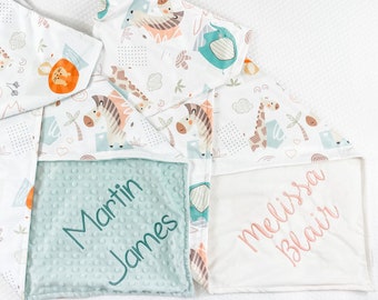 Personalized Baby Blanket, Embroidered Blanket for baby, Minky Blanket with Name, Blanket with Jungle Animals for baby , 12