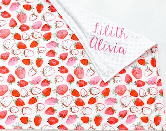 Baby blanket for girl, Personalized Baby Blanket, Minky Blanket with Strawberries, New Baby Gift, Blanket with Name, Baby Shower Gift, 66
