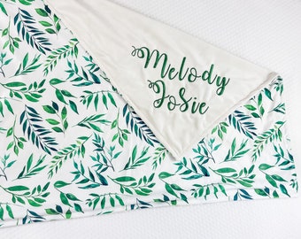 Personalized Baby Blanket, Botanical Blanket for baby, Green Minky Blanket with Name, Baby Gift Newborn, Embroidered blanket for baby, 42