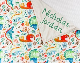 Gepersonaliseerde babydeken jongen, deken met dinosaurussen voor jongens, minky deken met naam, babyjongen kinderkamer, baby douche cadeau deken, 113