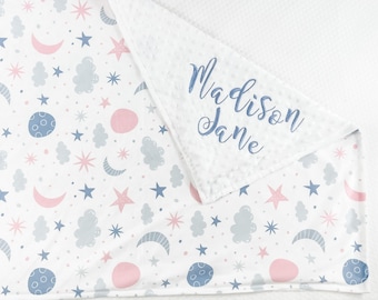 Personalized Baby Blanket, Blanket with stars and sky for baby, Minky Blanket with Name, Baby Shower Gift, Embroidered blanket, 49