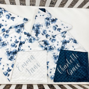 Baby Girl Nursery, Personalized Baby Girl Blanket, Floral Minky Baby Blanket, Baby Shower Gift, Blue Floral Blanket, Blanket With Name, 37