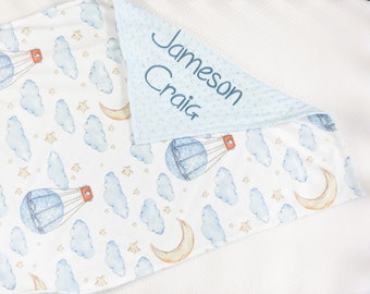 Personalized Baby Blanket, Blanket with Balloons and Clouds for Boys, Minky Blanket with Name, Gift for Baby Shower, Embroidered name, 50