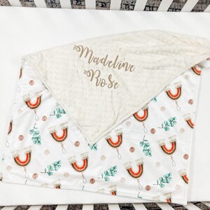 Minky Baby Blanket, Personalized Baby Blanket for Boy and Girl, Boho Blanket with Rainbow, Newborn Baby Shower Gift, Rainbow baby gift, 70