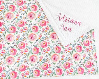 Floral Blanket for Baby Girl, Baby Shower Gift For Girl, Personalized Baby Blanket, Pink Floral Baby Blanket, Floral Minky Blanket, 57