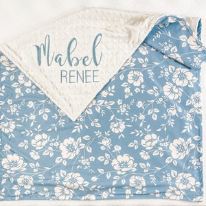 Blue Blanket For Girl, Personalized New Baby Gift Girl, Personalized baby blanket, Floral Minky Blanket with Name, Baby Shower Gift, 27