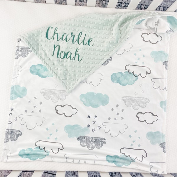 Personalized Baby Blanket, Blanket with clouds and stars for Boys, Minky Blanket with Name, Baby Shower Gift, Embroidered blanket, 53