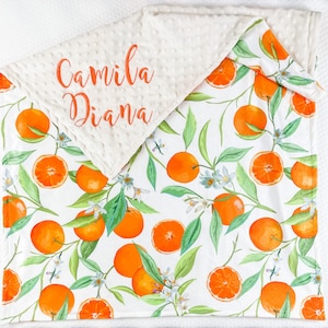 Minky Blanket for Girl, Personalized Blanket for New Baby Gift, Baby Blanket with Name, Baby Shower Gift Girl, Blanket With Oranges, 107