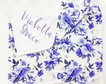 Purple Floral Blanket, Minky Blanket for Girl, Personalized baby blanket, New Baby Gift Girl, Blanket with Name, Baby Shower Gift Girl, 25