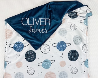 Personalized Baby Blanket Boy, Blanket with Planets and Stars for Boys, Minky Blanket with Name, Baby Shower Gift, Embroidered blanket, 52