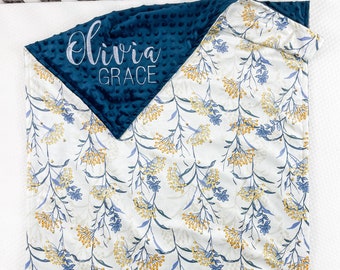 Personalized Baby Blanket with Name for Girl,Baby shower gift for girl, Floral Minky Blanket with Name, Embroidered blanket for baby, 58