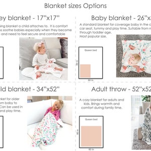 May include: Four different sizes of baby blankets are shown with a queen-sized bed for scale. The blankets are labeled as "Lovey blanket - 17"x17"", "Baby blanket - 26"x34"", "Child blanket - 34"x52"", and "Adult throw - 52"x52"".