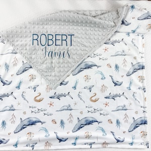 Minky Blanket for Boy, Personalized baby Blanket with Whales, Nautical Blanket, Blanket with Embroidered name, Custom baby boy gift, 121