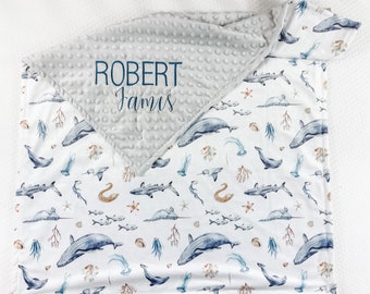 Minky Blanket for Boy, Personalized baby Blanket with Whales, Nautical Blanket, Blanket with Embroidered name, Custom baby boy gift, 121