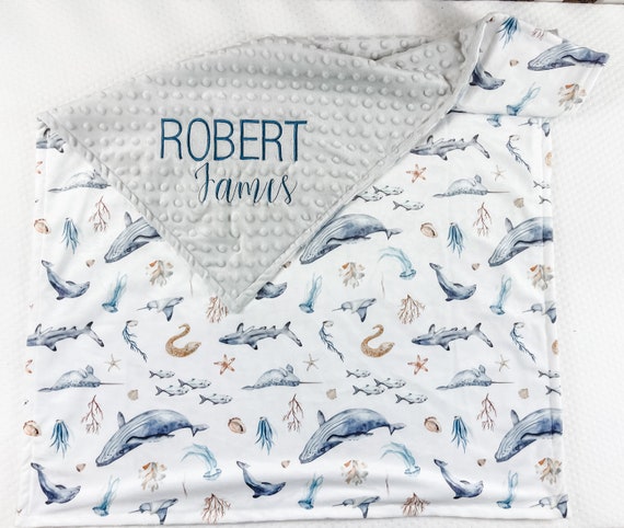 Minky Blanket for Boy, Personalized baby Blanket with Whales, Nautical Blanket, Blanket with Embroidered name, Custom baby boy gift, 121
