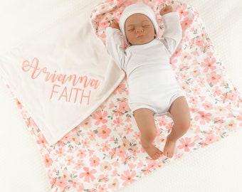 Personalized Baby Blanket with Name for Girl, Personalized New Baby Gift Girl, Floral Minky Blanket with Name, Baby Shower Gift Girl, 71