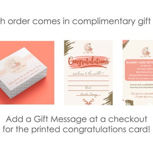 May include: A pink and white gift box with a white card inside. The card has a pink and brown design with the text "Congratulations, Welcome to the world!" and a space to write a message. The box has a pink and white polka dot pattern and a white ribbon. The card also includes instructions for caring for a blanket.