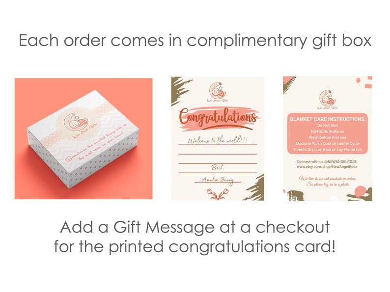 May include: A pink and white gift box with a white card inside. The card has a pink and brown design with the text "Congratulations, Welcome to the world!" and a space to write a message. The box has a pink and white polka dot pattern and a white ribbon. The card also includes instructions for caring for a blanket.
