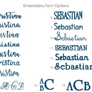 May include: A chart showing different embroidery font options for the names Christina and Sebastian. The fonts range from simple to more elaborate script styles. There are also three options for the letters A, C, and B.