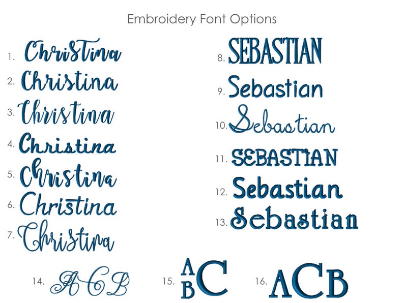 May include: A chart showing different embroidery font options for the names Christina and Sebastian. The fonts range from simple to more elaborate script styles. There are also three options for the letters A, C, and B.