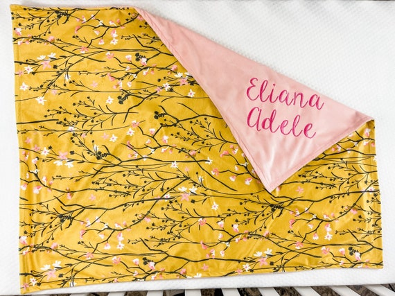 Yellow Floral blanket for Girl, Minky blanket for baby, Personalized Baby Blanket with Name, Baby Shower Gift Girl, Custom made baby gift,36