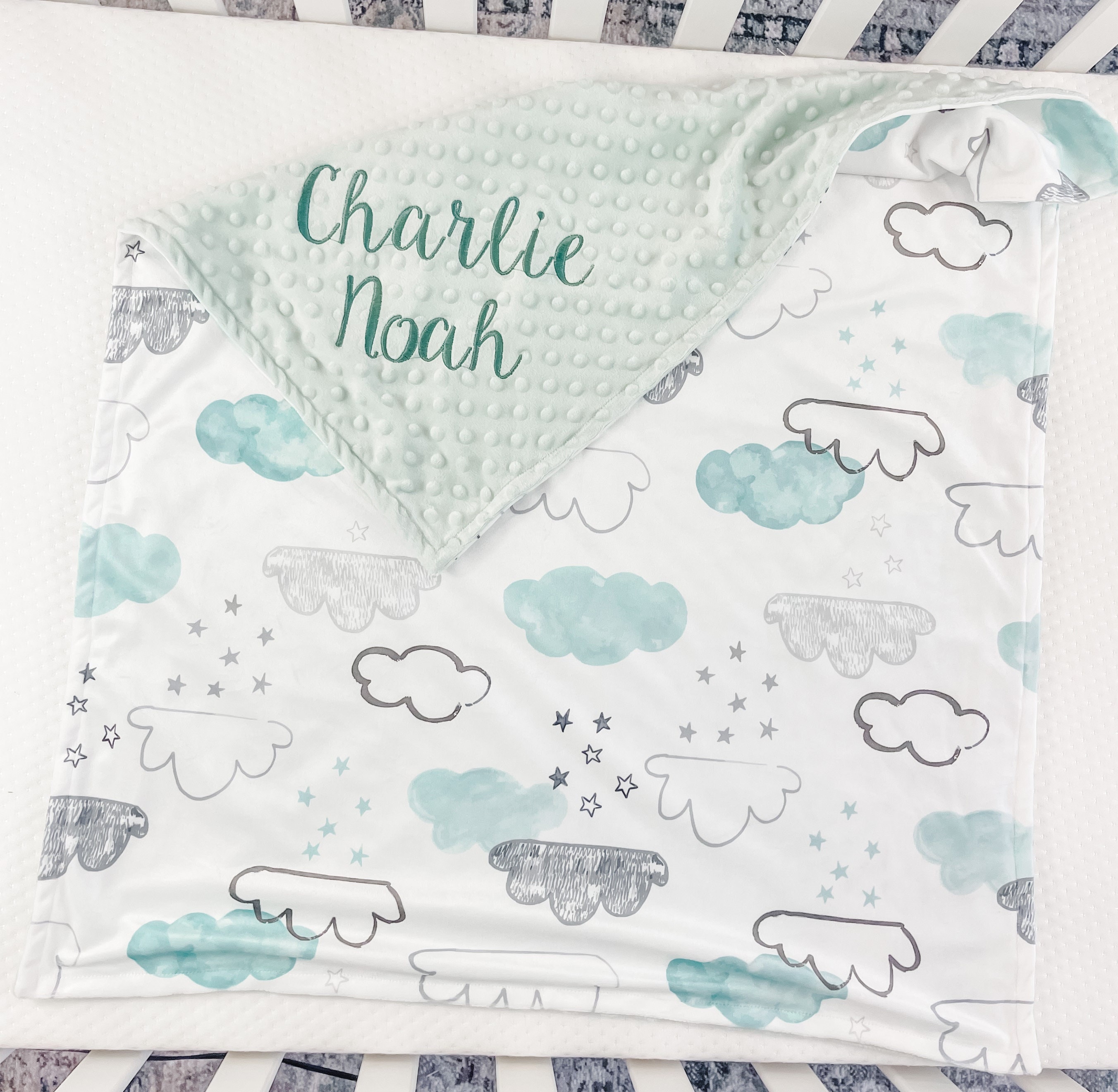 Personalized Baby Blanket, Blanket with clouds and stars for Boys, Minky Blanket with Name, Baby Shower Gift, Embroidered blanket, 53