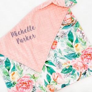 Personalized Baby Blanket, Floral Blanket for Girl, Floral Minky Blanket with Name, Baby Gift Girl Newborn, Embroidered blanket for baby, 77