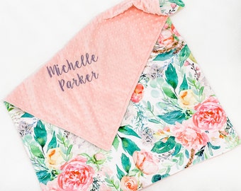 Personalized Baby Blanket, Floral Blanket for Girl, Floral Minky Blanket with Name, Baby Gift Girl Newborn, Embroidered blanket for baby, 77