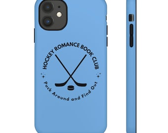 May include: A light blue phone case with the text "HOCKEY ROMANCE BOOK CLUB" encircling crossed hockey sticks and a puck. The case is shown from the front and side, highlighting its design and form.