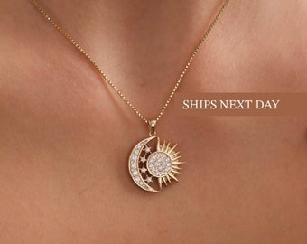 Sun Moon Necklace, Solar Eclipse Necklace, Celestial Sunshine Necklace, Crescent Moon Necklace, Stars Necklace, Sun Necklace