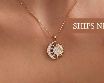 Sun Moon Necklace, Solar Eclipse Necklace, Celestial Sunshine Necklace, Crescent Moon Necklace, Stars Necklace, Sun Necklace, Gift for Mom