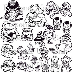 Puede incluir: Ilustraciones en blanco y negro de varios personajes de la franquicia Super Mario. Los personajes incluyen a Mario, Luigi, Bowser, Toad y más.
