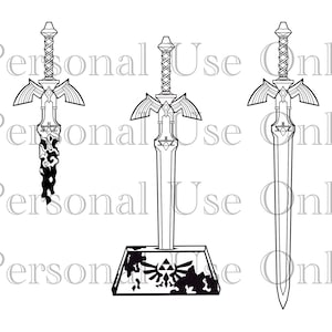 May include: Three black and white line drawings of the Master Sword from the Legend of Zelda video game series. The sword on the left is in a fiery, glowing state. The sword in the middle is on a pedestal with the Triforce symbol. The sword on the right is in a standard state.