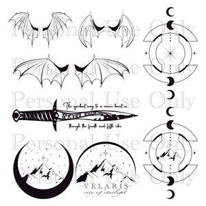 May include: Black and white illustration of a dagger with the text "The quickest way to a man's heart is... through the fourth and fifth ribs."  The image also includes a crescent moon, a mountain range, and a pair of wings.