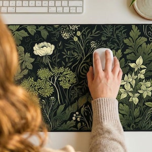 Botanical Art Nouveau Desk Mat - Sage Green Floral And Plant Detailed Design - Ideal Cute Office Decor & Extended Keyboard Mat image 1