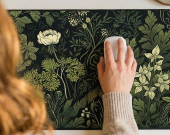 Botanical Art Nouveau Desk Mat - Sage Green Floral And Plant Detailed Design - Ideal Cute Office Decor & Extended Keyboard Mat