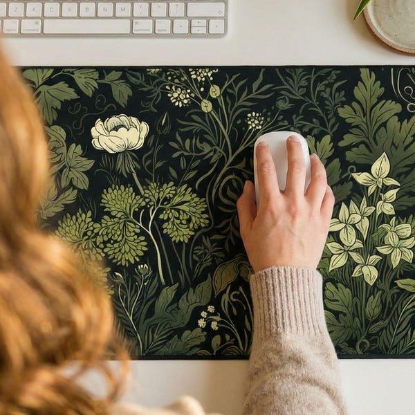Botanical Art Nouveau Desk Mat - Sage Green Floral And Plant Detailed Design - Ideal Cute Office Decor & Extended Keyboard Mat