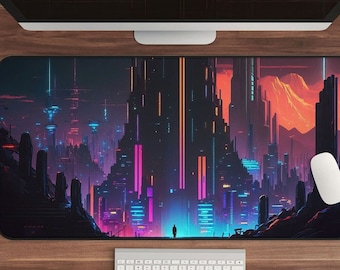 Tapis de bureau néon Synthwave, paysage urbain futuriste (tapis de souris gaming XL)