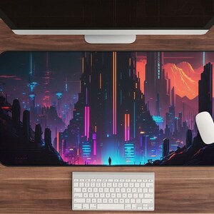 Synthwave Desk Mat - Bring the Futuristic Neon Cityscape to Your Workspace with this High-Quality, Eye-Catching Art Accessory, Perfect Gift