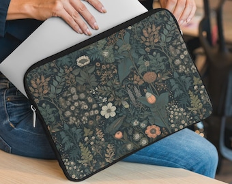 Dark Floral Laptop Sleeve, Botanical Laptop Bag, Cottagecore Laptop Case, Vintage & Stylish Laptop Cover, Wildflower Design Earth Tone Decor