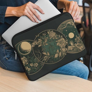 Celestial Laptop Sleeve - Moon Phases, Art Nouveau Witch Aesthetic, Green Dark Academia, Cottagecore Tech Accessory, Cute Laptop Sleeve